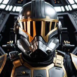 star wars bald male corellian pilot wearing dark gunmetal grey and black First Order special forces TIE pilot armored flightsuit and helmet with gold trim inside the jedi temple, centered head and shoulders portrait, hyperdetailed, dynamic lighting, hyperdetailed background, 8k resolution, volumetric lighting, light skin, fully symmetric details