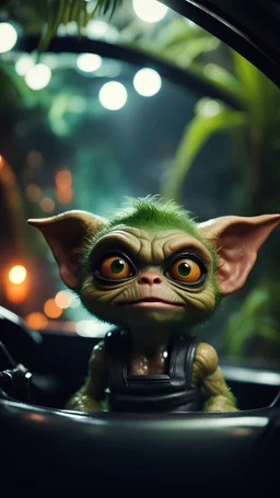 close up portrait of a gremlin model in a car shaped like a bucket in dark lit reflective wet jungle metallic hall dome hotel tunnel, in the style of a game,bokeh like f/0.8, tilt-shift lens 8k, high detail, smooth render, down-light, unreal engine, prize winning