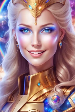 cosmic woman smile, admiral from the future, one fine whole face, crystalline skin, expressive blue eyes,rainbow, smiling lips, very nice smile, costume pleiadian, Beautiful tall woman pleiadian Galactic commander, ship, perfect datailed golden galactic suit, high rank, long blond hair, hand whit five perfect detailed finger, amazing big blue eyes, smilling mouth, high drfinition lips, cosmic happiness, bright colors, blue, pink, gold, jewels, realist, high,rainbow commander