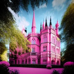 concept art, concept design, neogothic palace, neo gothic, aesteric, pink walls, pink exterior, glass exterior, english garden around, gardens, plants, trees, volumetric light, photorealistic, high quality, cinematic, sunny, natural sky