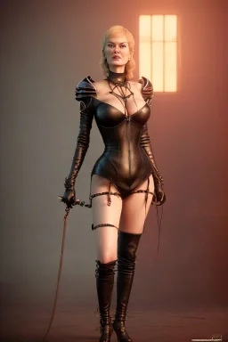 Cersei Lannister as evil dominatrix in black leather and high heeled boots, mistress, busty, cleavage, curvy, lena headay, angry, stern look. character design by cory loftis, fenghua zhong, ryohei hase, ismail inceoglu and ruan jia. unreal engine 5, artistic lighting, highly detailed, photorealistic, fantasy