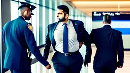 2 security officers escort upset man in suit away from airport lounge