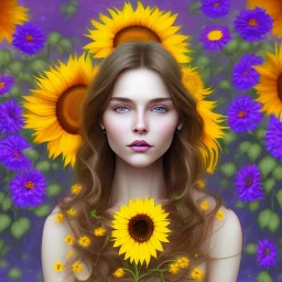 heliotrope, morning glory, sunflower, coreopsis, marigold, woman, beautiful face, long hair