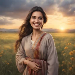 Hyper Realistic middle-angle-view of a happy young-Pashto-woman standing with cloudy sunset & field