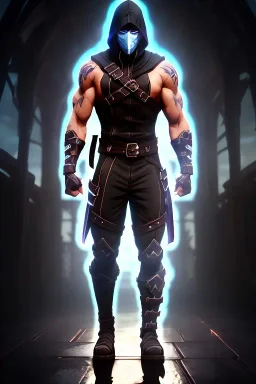 muscular ninja assassin, athletic build, wearing black and gray baggy pants with pockets, dark hood and balaclava mask, buckles, straps, pockets, daggers, tan skin, big boots, dark hazel eyes, eyes are both in proportion, 3/4 look, short brown hair, standing, dark cobblestone alley, one halo white light behind head, non photorealistic rendering in the art style of j.scott campbell