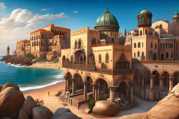 image taken of jaffa, by the sea shore, old stunning buildings, 4k, masterpice, award wining picture, realistic, higly detailed, in style of city of numemor from lord of the rings,