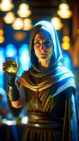 portrait of female pale elongated ninja priest with bright aura carrying goblet signaling you to obey your master, inside hall in mountain, shot on Hasselblad h6d-400c, zeiss prime lens, bokeh like f/0.8, tilt-shift lens 8k, high detail, smooth render, down-light, unreal engine, prize winning