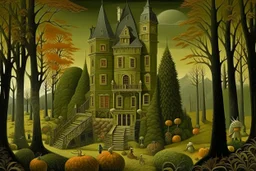 An olive green Halloween themed chateau painted by Edward Hicks