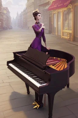 One single mature cat lady playing piano on the street, Vienna, fiacre, friendly, model style, hyper realistic, extremely accurate, delicate, extremely detailed, Graphic novel style, wide-angle, open aperture, superfine pencil