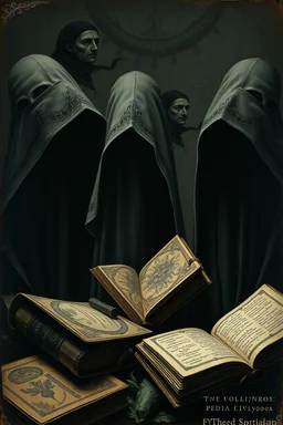 A daguerreotype-style close-up photograph of mysterious cloaked figures with obscured faces, rendered in the surreal, fantastical manner of Hieronymus Bosch. The figures emerge from shadows with intricate details reminiscent of Botticelli's delicate linework and Alphonse Mucha's ornamental flourishes, while maintaining the dreamlike quality of Yoshitaka Amano's illustrations. Ancient leather-bound tomes and peculiar manuscripts are scattered throughout the composition, their pages