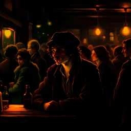 a single figure in a crowded bar at night, young people, dark colors, rembrandt style