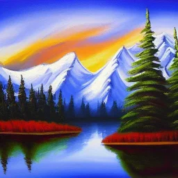 bob ross, painting, faraway mountains, snow-capped peaks, forest-covered hills, valley, reflections on lake