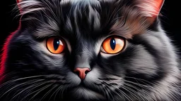 hyper realistic drawing of a cat, black furr, grey eyes, chubby, close up of the face, stares in the camera, red and blue light, highlights the furr and face, high details