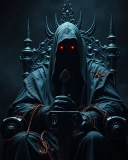 Epic Cinematic Realistic The horrific creepy dark without face just red eyes lighting of the Witch King veil,hooded and rotting infested with maggots,sitting his throne viewers arrogant pose ,king sword engrave