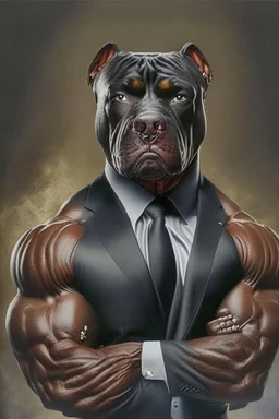 Bodybuilder Lee Haney with the face of a Rottweiler dog A dog's head instead of a person's head Only the player's body with a bulldog head on it He wears a luxurious black suit and holds a luxurious cigar