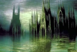 Flooded gothic cathedrals on a lake by artist "Piranesi" by artist "Turner" by artist "Leonora Carrington" by artist "John Atkinson Grimshaw"