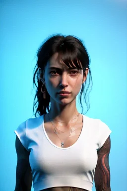 Ultra Realistic image, 25 years old brunette woman, Madrid, portrait, small stature, small chest, yakuza body tattoo, white broken cotton short undershirt, black latex short, rain, fog, club night Tokyo ambient, leds, neon, vibrant color, highly detailed, art stations, concept art, smooth, unreal engine 5, god rays, ray tracing, RTX, lumen lighting, ultra detail, volumetric lighting.