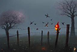 arafed whimsical folk art: post-apocalyptic grey tones, serene overgrown landscape at dawn, end of humanity, wild plum trees, soft mist, grotesque rain, a (((vibrant robin))) with glowing fiery red feathers perched on a rusted low fence-wire in the foreground, swallows circling, damp dark earth, abandoned decaying wooden posts fading, soft ethereal dawn, pastel tones, heavy rust vibe, scrap metal vibe