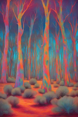 Psychedelic Australian outback, eucalyptus trees