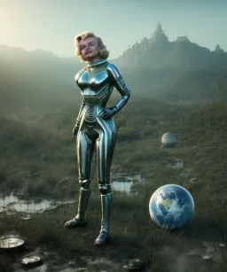 Ultra Realistic retro sci-fi 1960 scene, waist up view portrait, blonde woman, sweet young Marilyn Monroe face, perfect iris, tight latex coat, Strange planet background, Retro sci-fi style glass helmet, sphere dron, fog, rain, soft color, highly detailed, unreal engine 5, ray tracing, RTX, lumen lighting, ultra detail, volumetric lighting, 3d, finely drawn, high definition, high resolution.