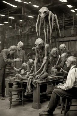 1900's black and white vintage photo, interior, working (alien) organ manufacturing factory warehouse, unhappy and angry,stange long grey alien human hybrid creature with a family that is super sad, captured on square format film, grainy brown, aged, old men depressed, tired