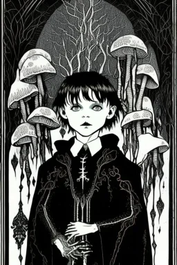 7 year old boy, necromancer, friendly, looks dead, with weird mushrooms growing out of him, wearing black robes, in the style of Harry Clarke