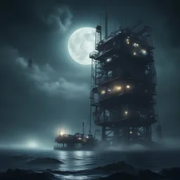 futuristic outpost oil rig ocean dark fog moonlight