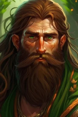 Gnom, braune lange wilde Haare, große, auffällig dicker Nase, gepflegter Bart, kein Vollbart, grüne Augen, hübsch, sehr jung (etwa zwanzig Jahre) , Druide, gebräunte Haut, Zeichen im Gesicht