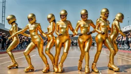 Hyperrealistisch Rollergirls völlig verhüllt von golden glänzendem Ganzkörper-Zentai mit geschlossenem Visier in identischen goldfarbenen, geschlossenen Helmen fahren in Avus-Steilkurve in Formation parallel nebeneinander und hintereinander mit Rollschuhen zu Dutzenden