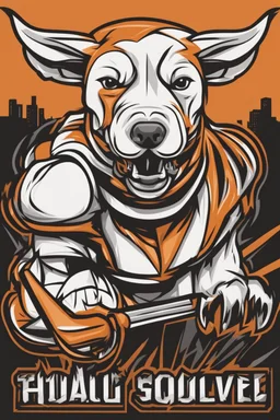 angry bull-terrier hockey logo, thick lines, vector simplified, black white and orange