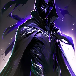 A sleek, jet-black suit clings to Nightshade, adorned with iridescent patterns that subtly shimmer. Their hooded cowl conceals most of their face, revealing only glowing, piercing eyes. A flowing, ethereal cloak trails behind, and claw-like, luminescent gloves add a touch of menace to this dark, mysterious superhero. portrait from afar male, hood