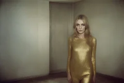 Sharon tate, without a face, , hippie girl, gold body in a liminal empty room, old autochrome