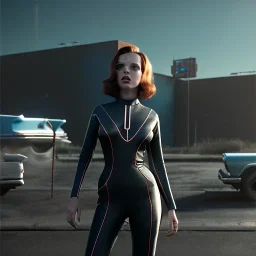 retro sci-fi portrait image from 1960, supermarket parking explosion, fire, classic black widow, young Scarlett Johansson, classic tight lycra latex suit, retro superhero style, soft color, highly detailed, unreal engine 5, ray tracing, RTX, lumen lighting, ultra detail, volumetric lighting, 3d, finely drawn, high definition, high resolution.