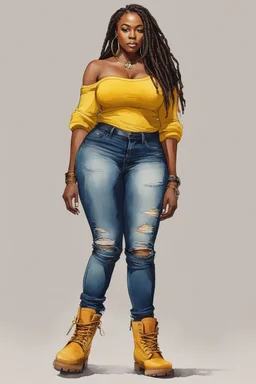 Create a watercolor image of a curvy black female wearing tight cut up jeans and a off the shoulder yellow tshirt with timberland boots. Prominent make up with hazel eyes. Highly detail dread locs