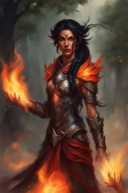 Picture a fierce eladrin druid with blazing jet-black hair on fire, conjuring flames with her hands. Her eyes shine bright red with a fiery intensity. Flames dance within her half-braided, cascading hair. Clad in minimalistic armor, she channels magic and fire, a scar on her face revealing battles fought. Tanned skin complements her commanding presence, embodying strength and elemental mastery in a straightforward blaze of intensity.