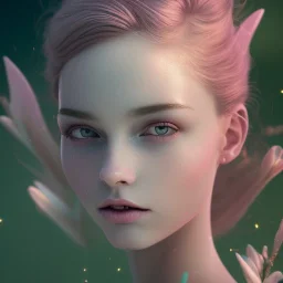 fairy, pink, green, beautiful, hyperrealism, masterpiece, expert, cinematic lighting, sharp focus, 8K, pastel, macro lens, woman, detailed, flower