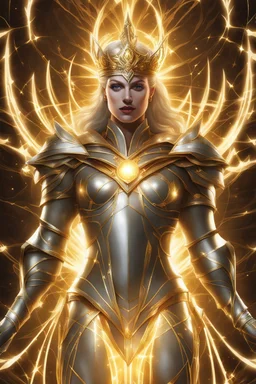 Queen in impact picture,translucent and glowing metallic patterns,(glowing metal objects hovering in the air and surrounding him:1.2),(Electric arcs and sparks:1.2),(flow of energy:1.2),(translucent magnetic lines:1.2),(golden silver grey and shimmering light effects:1.2)