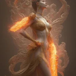 character render a goddess of fire, intricate, flowy, volcanic ash, lava, smoke, intangiable, close-up, centered, Character concept by yoshitaka amano, herbert arnould olivier, alphonse mucha, Akihiko Yoshida, Hyung-tae Kim, alexander mcqueen. trending on Artstation