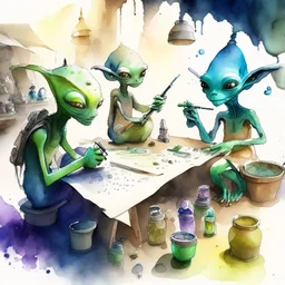 create a watercolour painting of some aliens bazar and aliens doing daily task work,