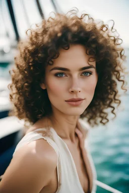 half body portrait of a cute model brunette curly hair woman on a yacht, shot on kodak gold 400