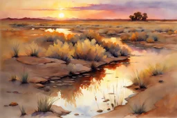 Amazing sunset, rocky arid land, puddle, sci-fi, weeds, fantasy, john singer sargent watercolor paintings