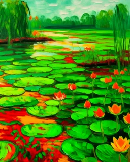 Green wetlands with fiery orange lilies painted by Vincent van Gogh