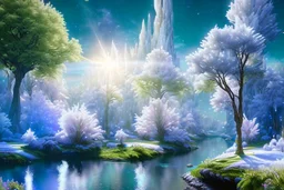 white and blue crystal cosmic and galactic ambiance river sky trees , full of details, smooth, bright sunshine，soft light atmosphere, light effect，vaporwave colorful, concept art, smooth, extremely sharp detail, finely tuned detail, ultra high definition, 8 k, unreal engine 5, ultra sharp focus