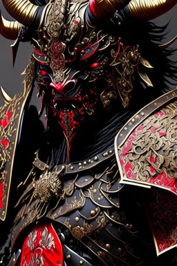 a close up of a person in armor, black bull samurai, minotaur in ancient armor, ornate armor covered in thorns, demon samurai warrior, black and reddish color armor, moon bull samurai, red demon armor, samurai armor, intricate assasin armor, black heavy armor with gold trim, anime fantasy artwork, black and red armor, minotaur warrior, demon samurai