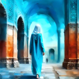 Muslim woman with long veil walking toward gates of paradise, impressiomism