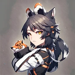 Anime portrait, anthropomorphic wolf character with fox ears and a tiger's tail, 8K resolution, ultra graphics, high quality, and detailed with lines.