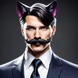 Hombre con bigote traje y corbata, con orejas de gato,calidad ultra, hiperdetallado