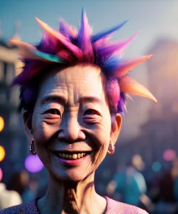 Ultra Realistic photo, medium shot view, drunken sweet dancer old Asian woman, carnival scene, monster hair, steampunk style. Red hair, confeti, smile, happy, festival, ovnis, gradient color fog. highly detailed, concept art, unreal engine 5, ray tracing, RTX, lumen lighting, ultra detail, volumetric lighting, 3d, finely drawn, high definition, high resolution.