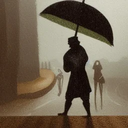Medieval man looking at rainy road