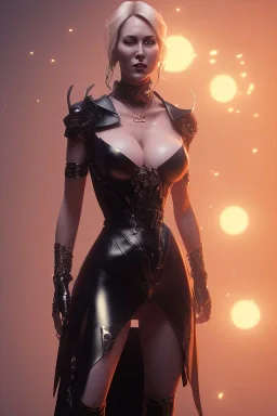 Brandi Love in black leather gown, evil, busty, cleavage, curvy, angry, happy, stern look. character design by cory loftis, fenghua zhong, ryohei hase, ismail inceoglu and ruan jia. unreal engine 5, artistic lighting, highly detailed, photorealistic, fantasy